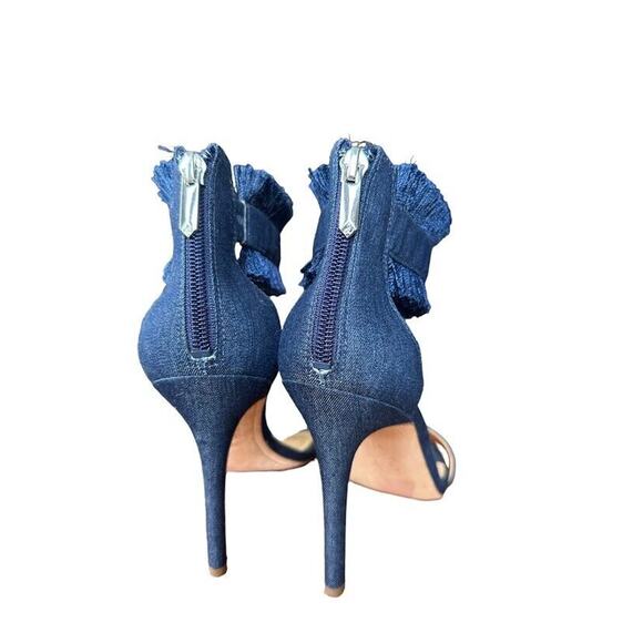 Sam Edelman Anabeth Denim Fringe 4" Heels Sandals Womens Size 8.5 Open Toe Zip - Picture 4 of 8